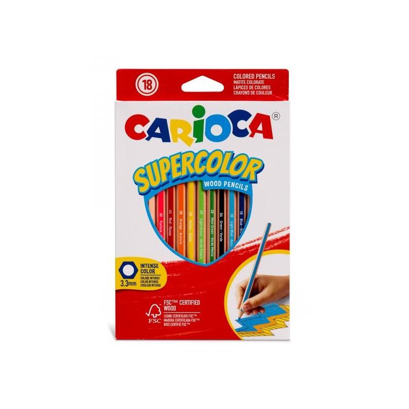Carioca Supercolor Pack De 18 Lapices De Madera - Cuerpo Hexagonal - Colores Intensos Y Gran Opacidad - 3.3mm De Grosor