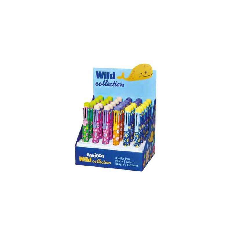 Carioca Wild Collection Expositor Con 30 Boligrafos De 8 Colores - Punta 1mm - Divertidos Diseños De Animales - Clip De