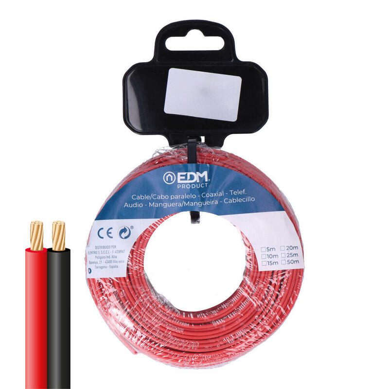 Carrete Cable Paralelo 2x1mm Rojo/Negro 10m.