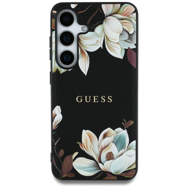 Case Guess Grained Printed Flower Pattern Magsafe For Samsung Galaxy S25 Ultra Black