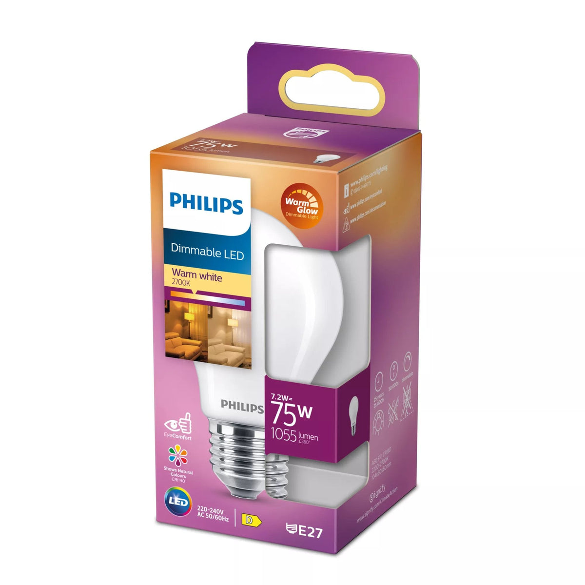 Philips Lámpara Led - Form: A60 - Mate Finish - E27 - 7.2 W (Equivalente 75 W)