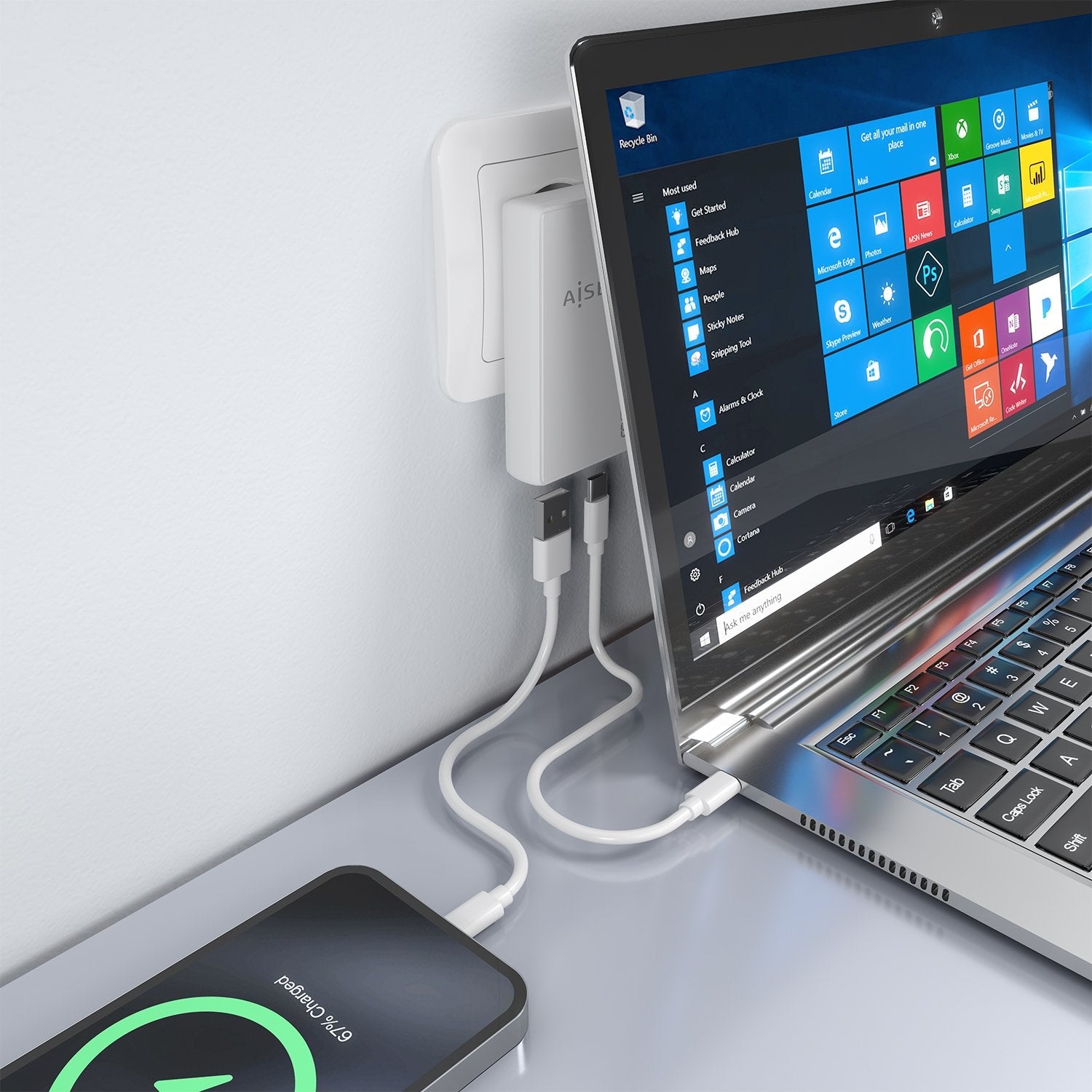 Aisens Cargador De Pared Gan Ultra Delgado 65w, 1xusb-C Pd3.0 Qc4.0, 1xusb-A Qc3.0, Blanco