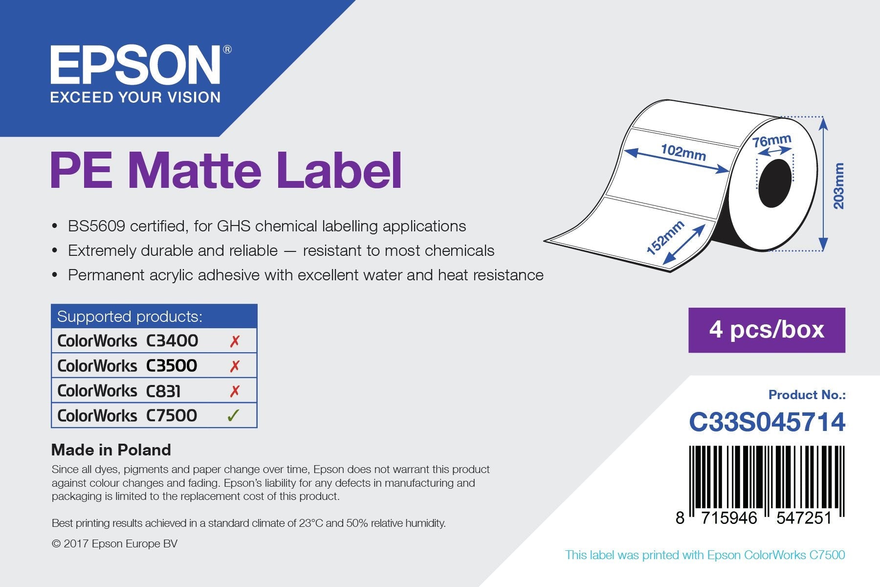 Epson Pe Matte Label - Die-Cut Roll: 102mm X 152mm, 800 Labels