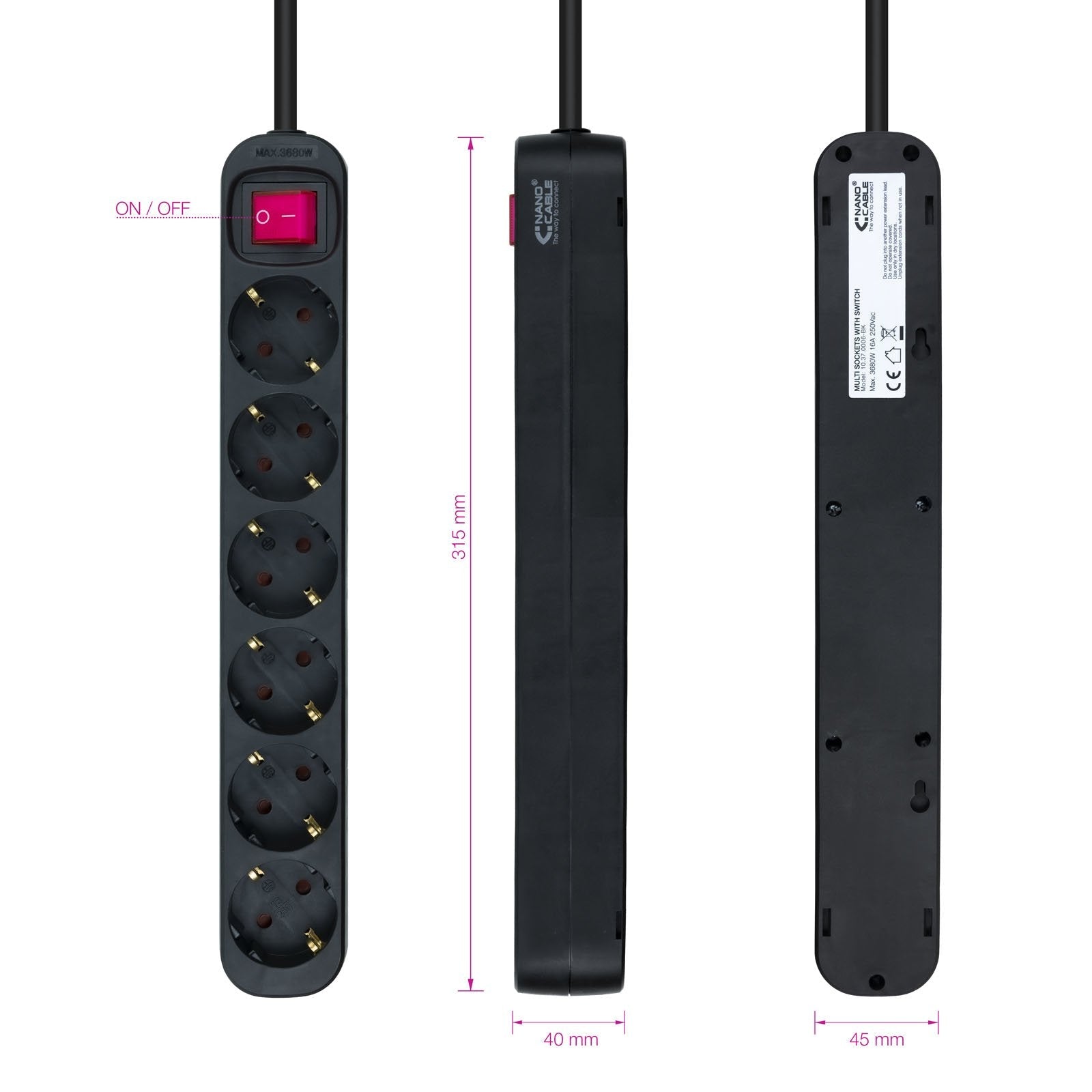 Nanocable Regleta De Proteccion Con 6 Shuckos - Cable De 1.40m - Interruptor On/Off - Negro