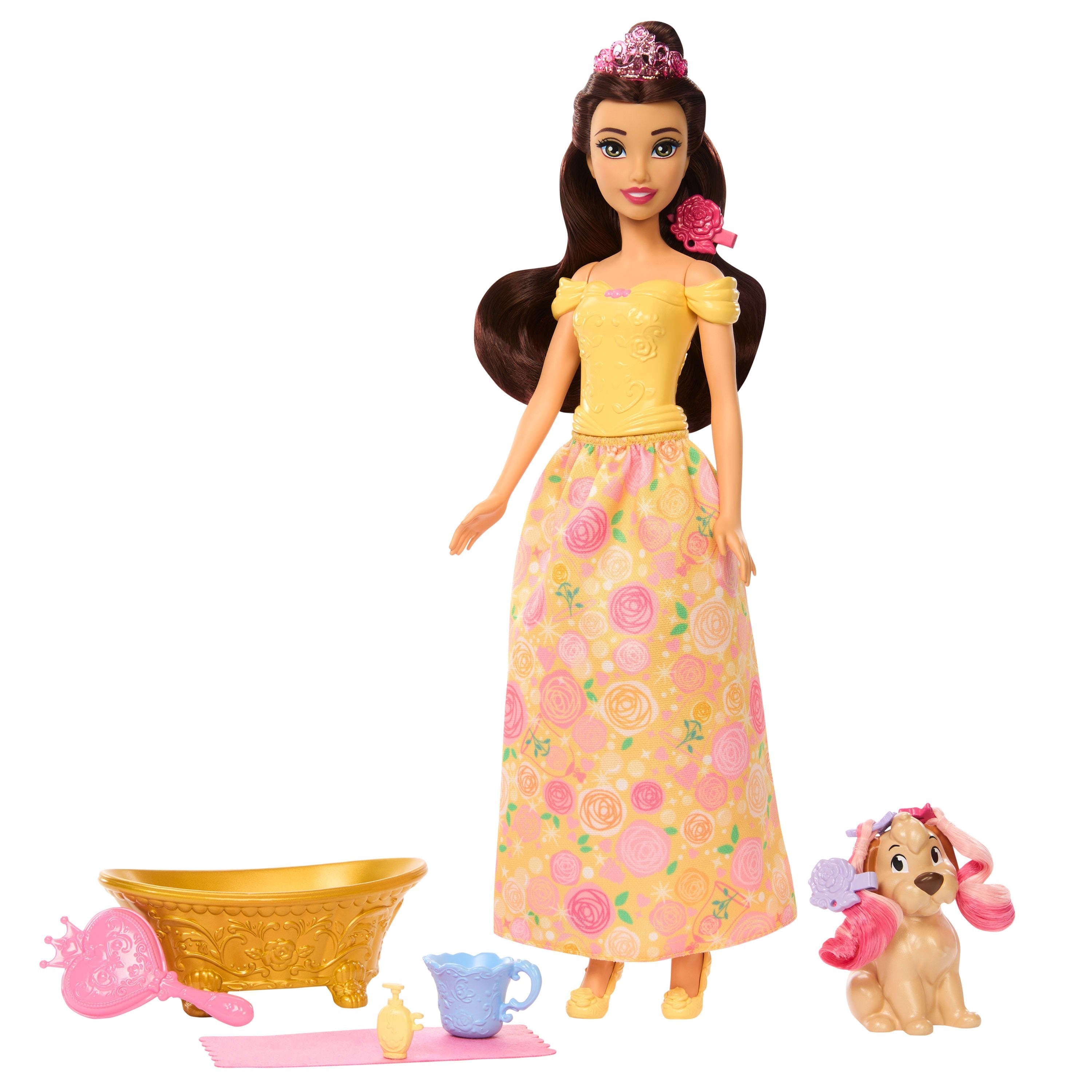 Mattel Disney Prinzessin Baden Und Bürsten Belle-Modepuppe Mit Hündchen (Mit Farbwechseleffekt Und Zubehör) Jfc42