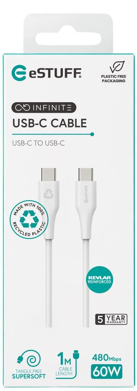 Infinite Usb-C To Usb-C Cable - 1m White. Recycled Plastic. - Super Soft - Warranty: 60m