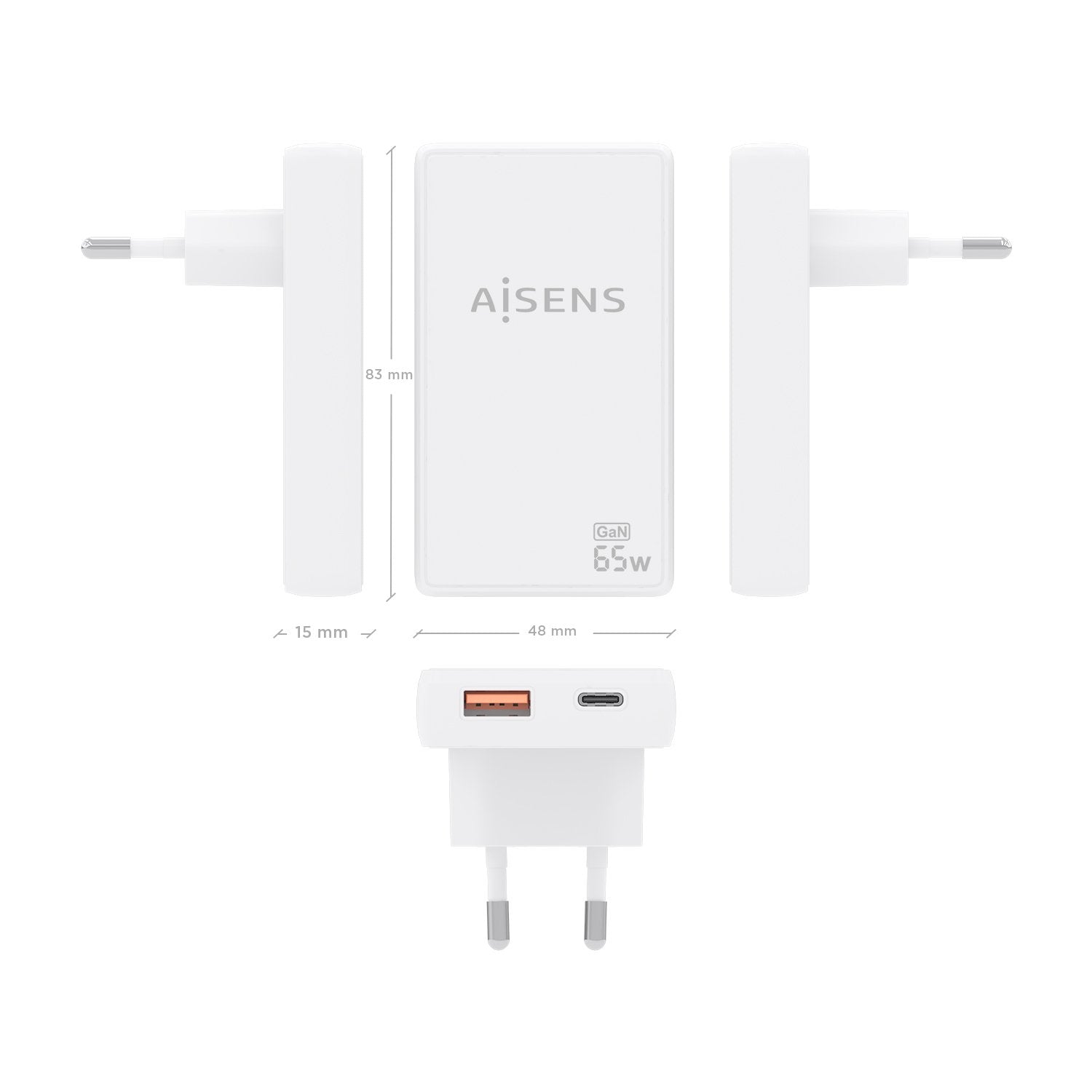 Aisens Cargador De Pared Gan Ultra Delgado 65w, 1xusb-C Pd3.0 Qc4.0, 1xusb-A Qc3.0, Blanco