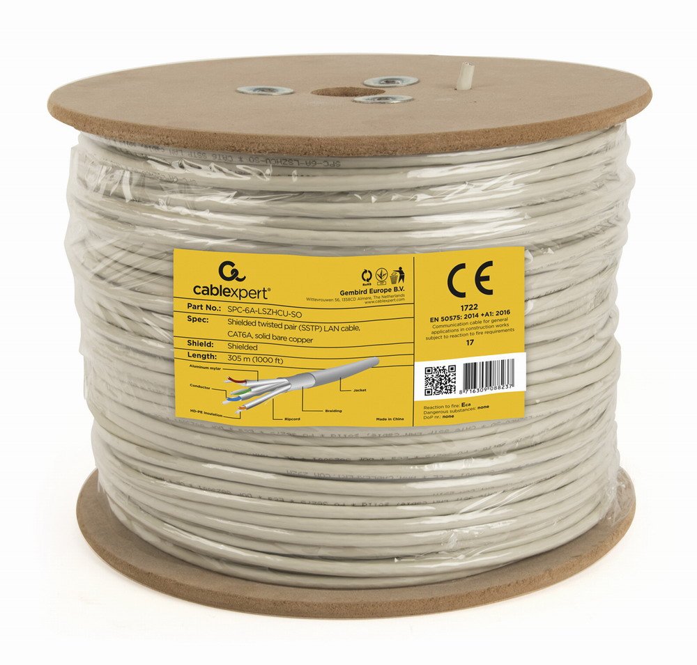 Bobina Cable Sólido Gembird Spc-6a-Lszhcu-So Sftp, Cat. 6a, Lszh, 305m, Gris