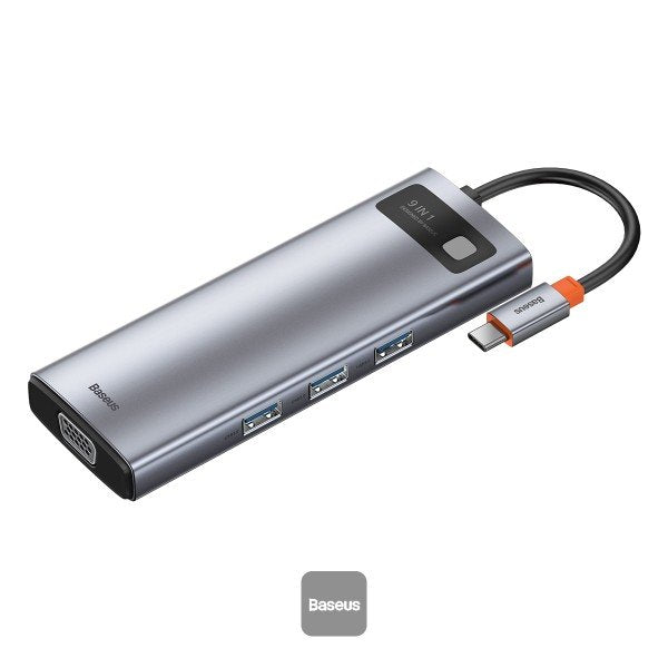 Baseus Hub Metal Gleam Series 9-In-1 Multifunctional (Type-C To 3x Usb3.2/Pd 100w/Vga Full Hd 60hz/Hdmi 4k/Tf+Sd Card/ Rj45) Space Gray (Cahub-Cu0g)
