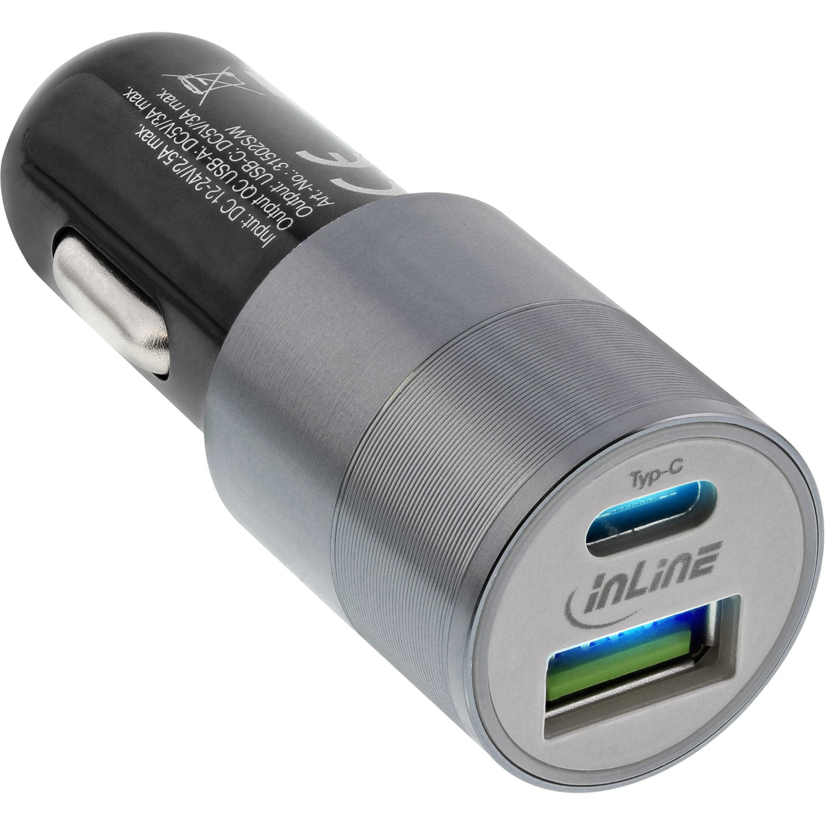 Cargador De Coche Usb Inline Quick Charge 3.0, 12/24vdc -> 5v Dc/3a, Usb-A + Usb Type-C, Negro