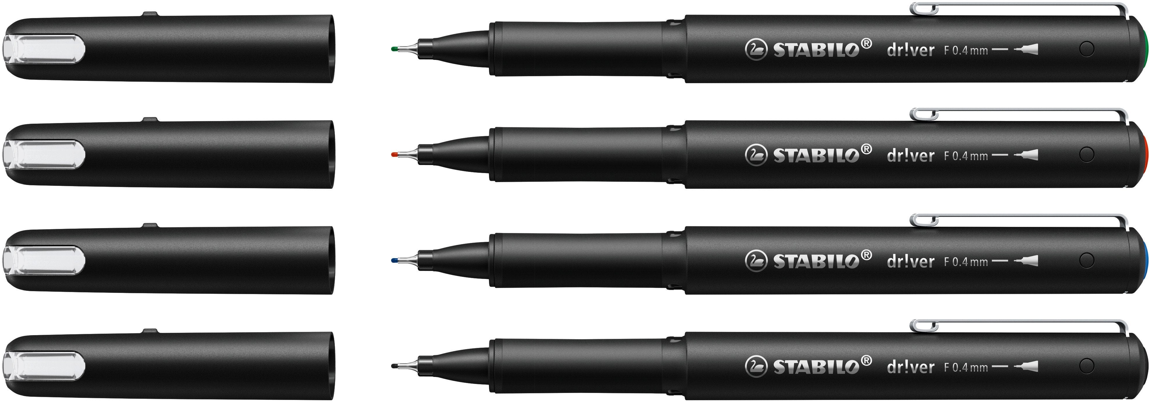 Stabilo Dr!Ver Pack De 4 Rotuladores De Punta Fina 0.4mm - Tinta A Prueba De Manchas, Inodora Y Con Base Al Agua -