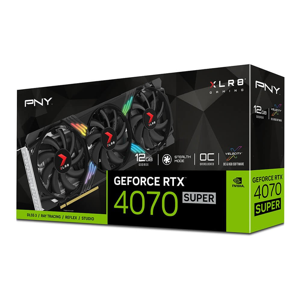 Tarjeta Vga Pny Geforce Rtx 4070 Super 12gb Gddr6x Xlr8 Gaming Verto Epic-X Rgb Vcg4070s12tfxxpb1-O 3xdp 1.4a Hdmi 2.1 Overclockeado 3 Fan Dlss 3
