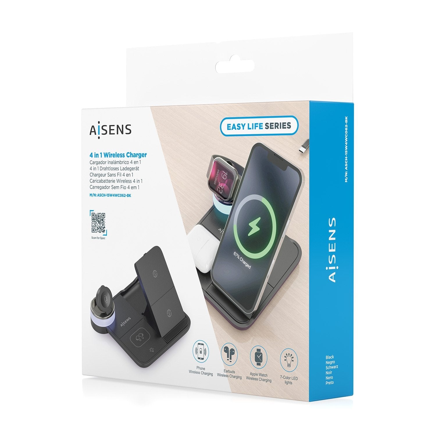 Aisens Cargador Inalambrico Usb-C 4 En 1 De 15w Para Movil, Apple Watch, Auriculares Con Estuche De Carga, Negro