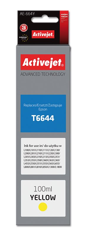 Tinta Activejet Ae-664y (Reemplazo Para Epson T6644 - Supreme - 100 Ml - Amarillo)