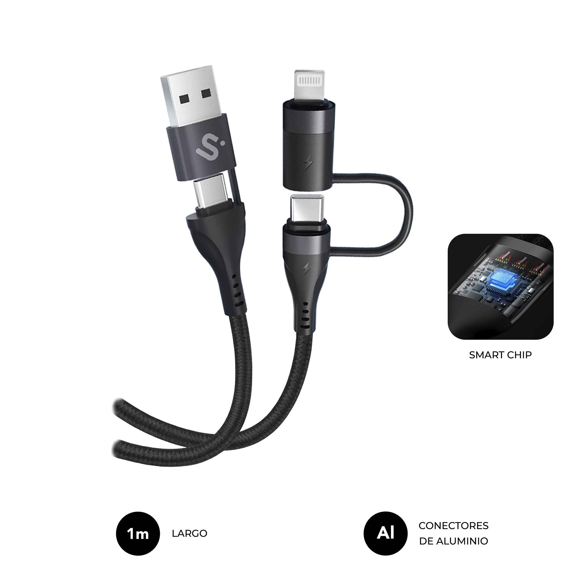 Cable Top 4 En 1 60w Usb-A/2xusb-C/Lightning 1 M Negro Subblim 60w/ Longitud: 1m/ Cable 4 En 1 (Usb-A/C-C/Lightning/ Pd 3.0