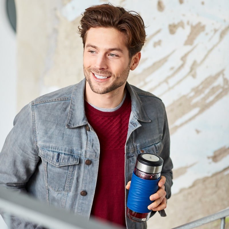 Emsa Tea Mug 420 Ml Transparente, Termo Azul/Transparente, Transparente, Vidrio, Silicona, Acero Inoxidable, China, 420 Ml, 82 Mm