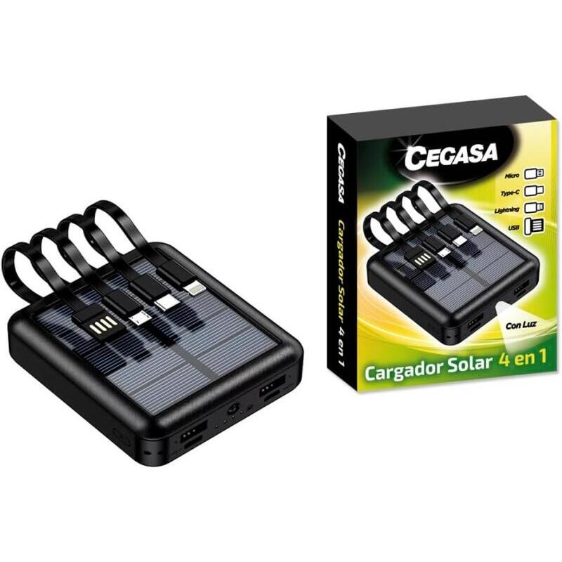 Cegasa Powerbank Solar 4 En 1 5000mah - Salidas Usb-C, Lighting, Usb-A, Micro Usb - Con Linterna - Negro