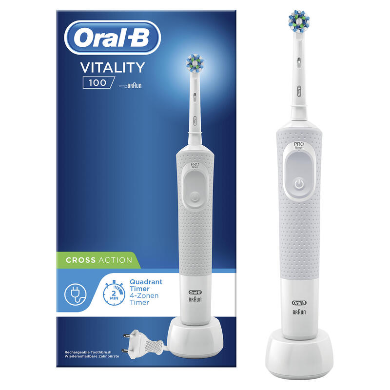 Cepillo Dental Braun Oral-B Vitality D100 Crossaction White Filamentos Inclinados A 16º Limpieza 2d Oscila Y Rota Temporizador En El Mango