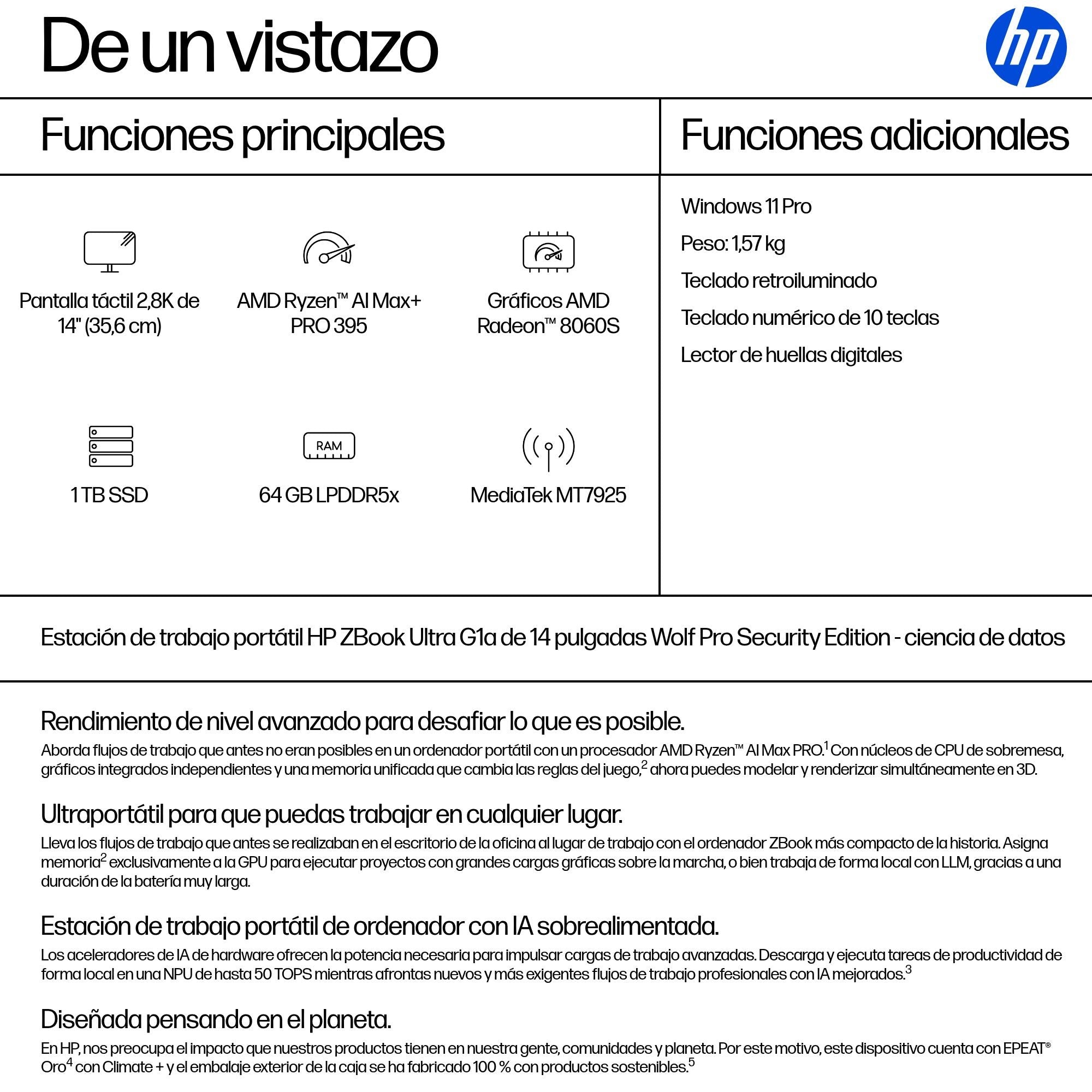 EAN 0199251237034 - HP ZBook Ultra G1a Wolf Pro Security Edition - Data Science Copilot+ PC AMD Ryzen AI Max+ PRO PRO 395 Est imagen 4