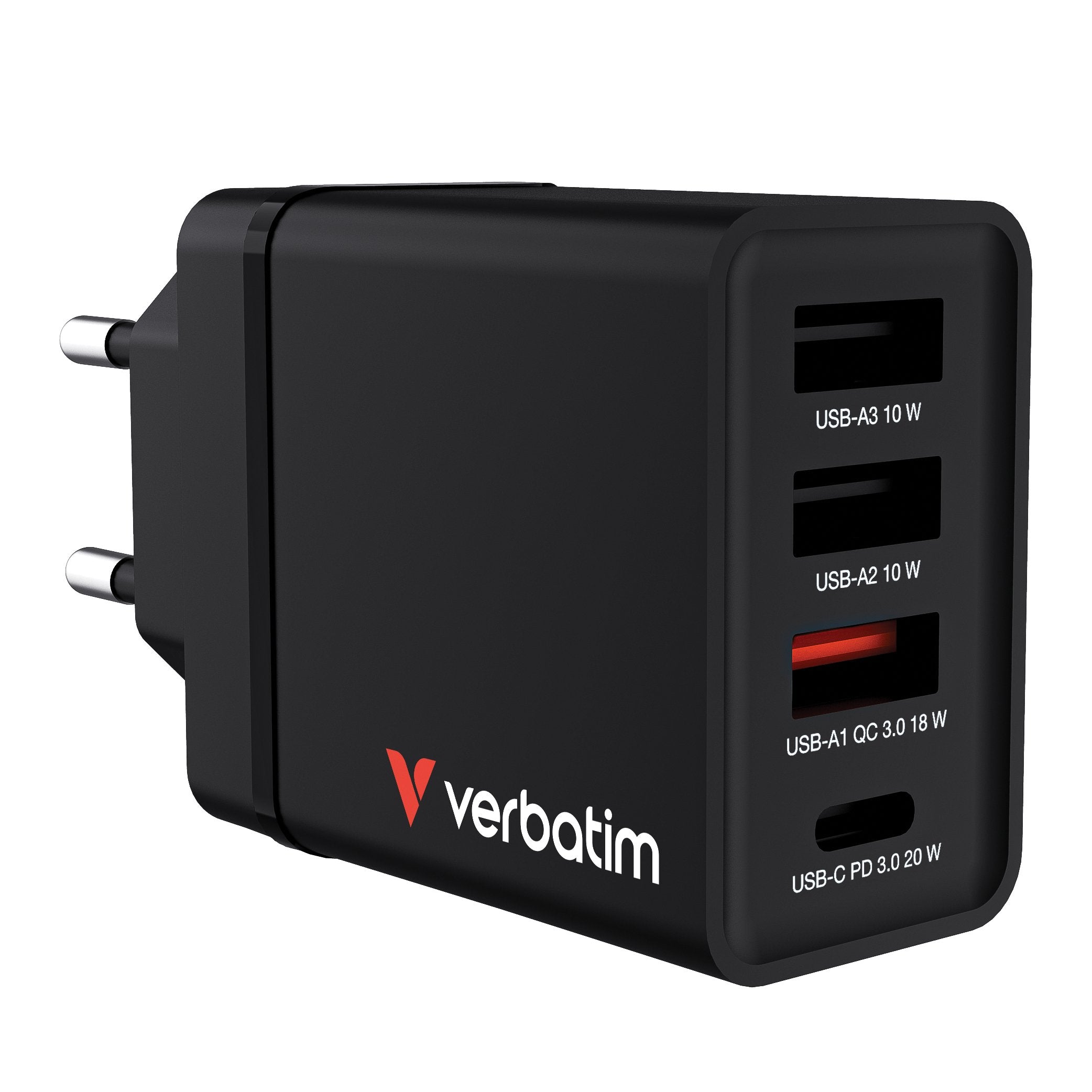 Verbatim Cargador Chr-30eu1, 30w, Gan, Negro 2x Usb-A, 1x Usb-A Qc, 1x Usb-C Pd