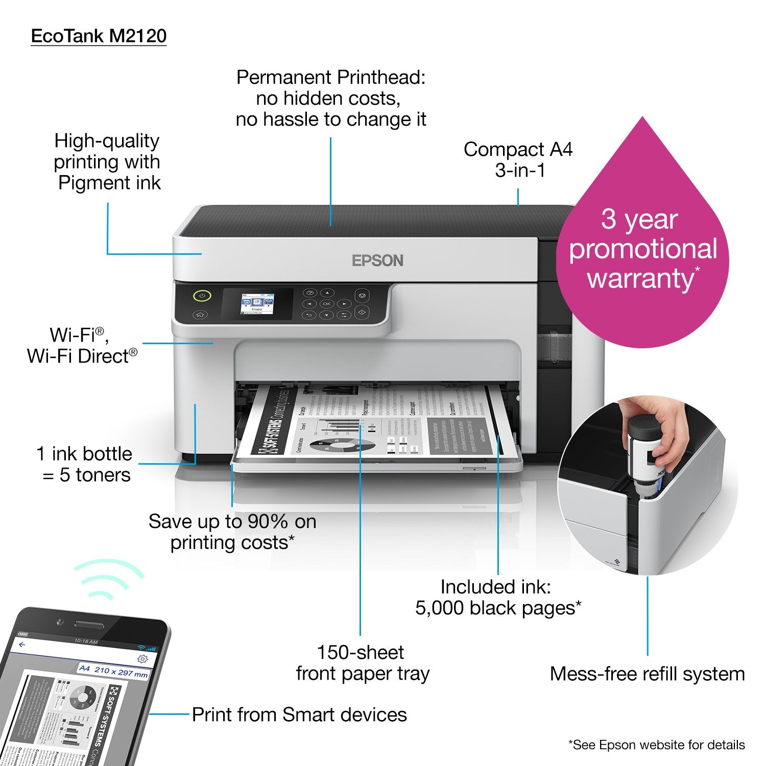 Impresora Epson Ecotank Mono M2120, 3 En 1, A4, 1200 X 2400 Ppp, 32 Ppm, Usb, Wi-Fi, 3 Aã±Os De Garantia Despues Del Registro.