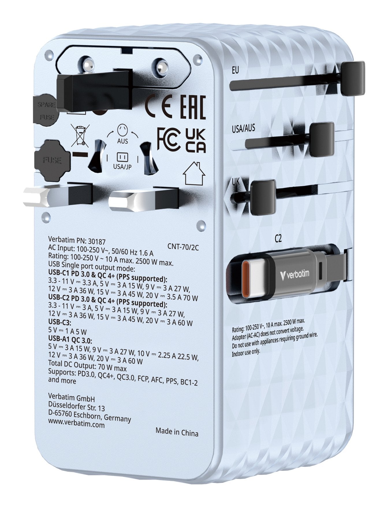 EAN 23942301875 - Verbatim Charge 'n' Travel 70W Universal Azul Corriente alterna Carga rápida Interior imagen 5
