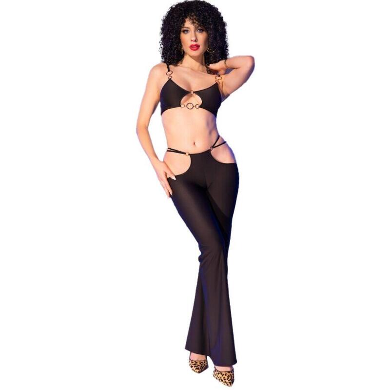 Chilirose - Cr 4851 Set Top Negro Y Leggins Con Complementos Dorados M