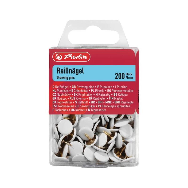 Chincheta Herlitz Metal Plámico. Caja Colgante Redonda Blanca 200