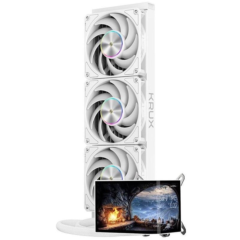 Refrigeración Liquida Cpu Krux Hydroarc 360 White Aio - Cpu Pantalla Ips De 6,8" 120 Hz, 3 Ventiladores Argb Pwm De 120 Mm, Radiador De 360 Mm, Usb-C, Intel Amd, Rgb, Enfriador De Cpu Blanco