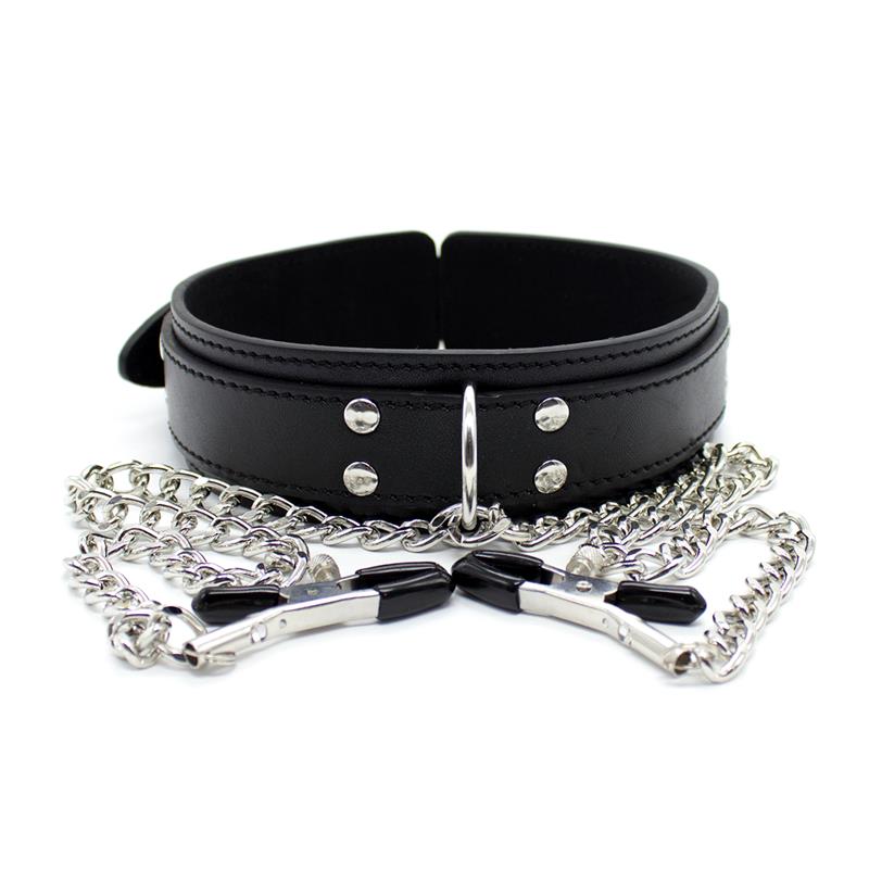 Collar Con Pezoneras Y Cadena De Metal Negro