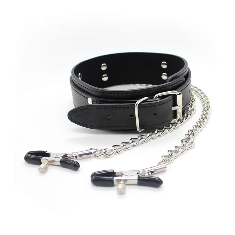 Collar Con Pezoneras Y Cadena De Metal Negro