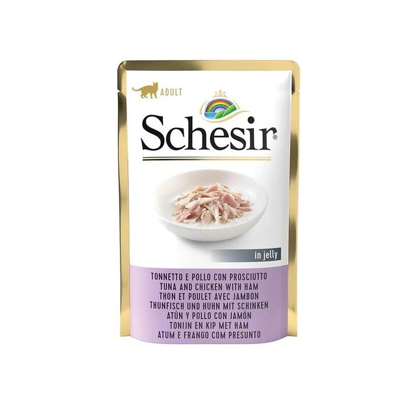 Comida Húmeda Para Gatos Schesir En Gelatina Atún Y Pollo Con Jamón 85 G