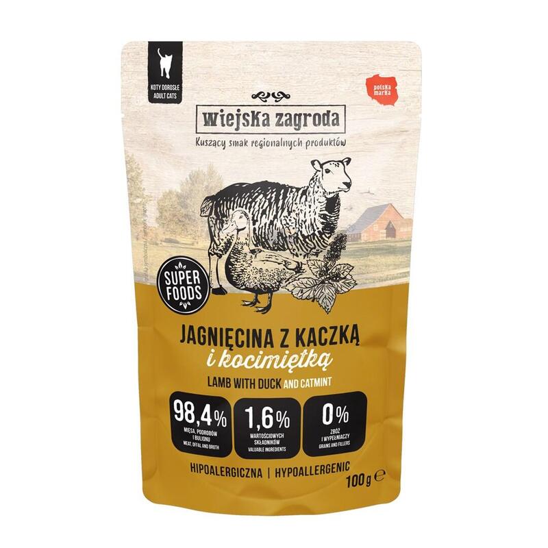 Comida Húmeda Para Gatos Wiejska Zagroda Cordero Con Pato Y Hierba Gatera 100g
