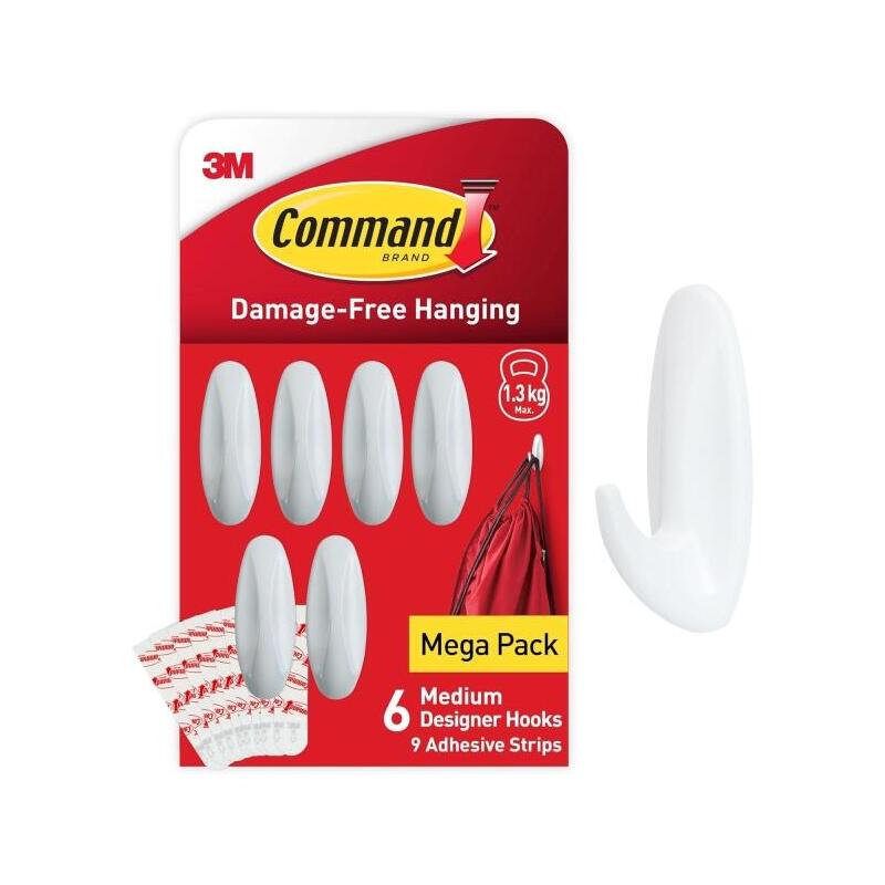 Command Pack De 6 Ganchos De Diseño Medianos - 9 Tiras Adhesivas - Soportan Hasta 1.3kg - Blanco