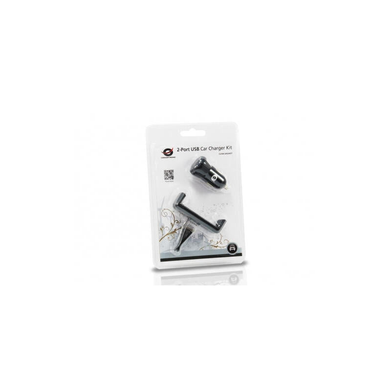 Conceptronic Cargador 5v 2xusb Para Coche 12/24v + Soporte Smartphone Toma Ventilacion Cusbcar2akit