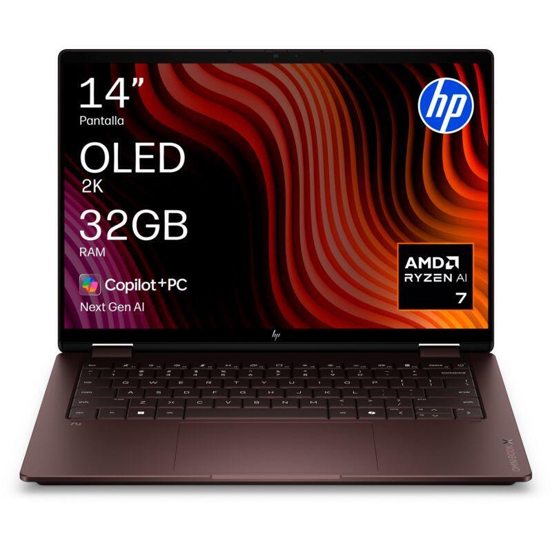 Convertible 2 En 1 Hp Omnibook X Flip 214 Kc0002ns Copilot+Pc 50 Tops 14" Dci 2k Amd Ryzen Ai 7 450 32gb Ram 1tb Radeon 860m W11h Marrón