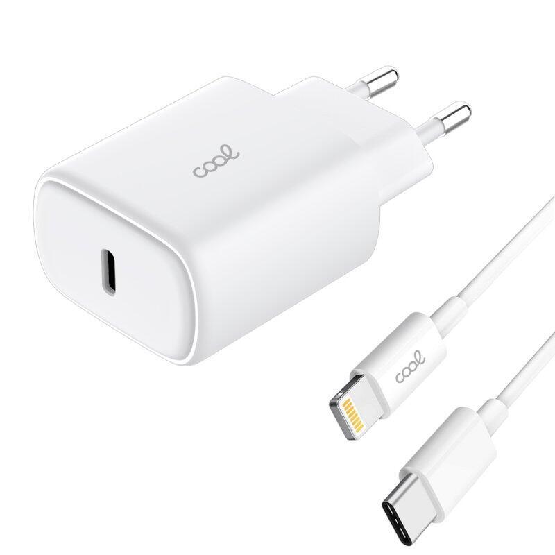 Cool Cargador Red Universal Fast Adapt. (Pd) Tipo-C (25w) Blanco + Cable Tipo-C A Lightning