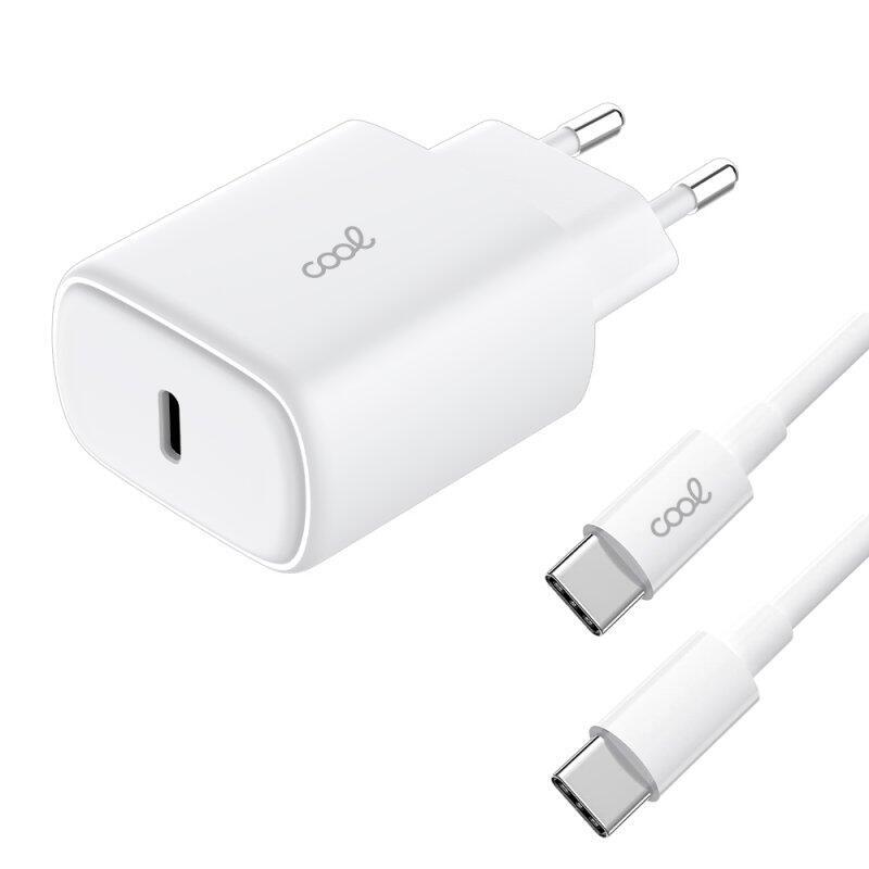 Cool Cargador Red Universal Fast Adapt. (Pd) Tipo-C (25w) Blanco + Cable Tipo-C A Tipo-C