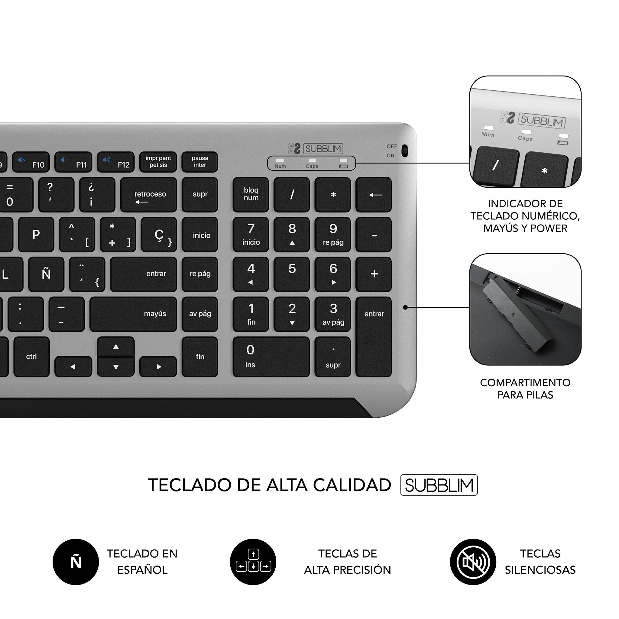 Teclado Y Ratón Inalámbrico Subblim Combo Dual Prestige Extendido Gris Y Negro Español