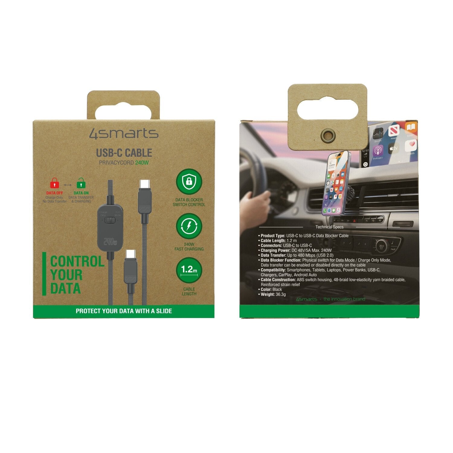 4smarts Usb-C Cable Privacycord 240w 1,2m, Negro