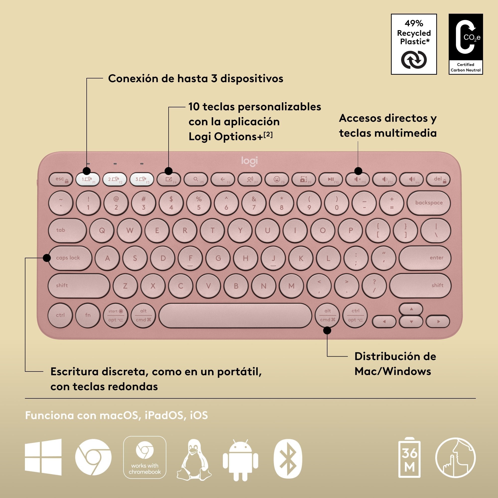 Teclado Español Logitech Pebble Keys 2 K380s Rf Wireless + Bluetooth Qwerty Rosa