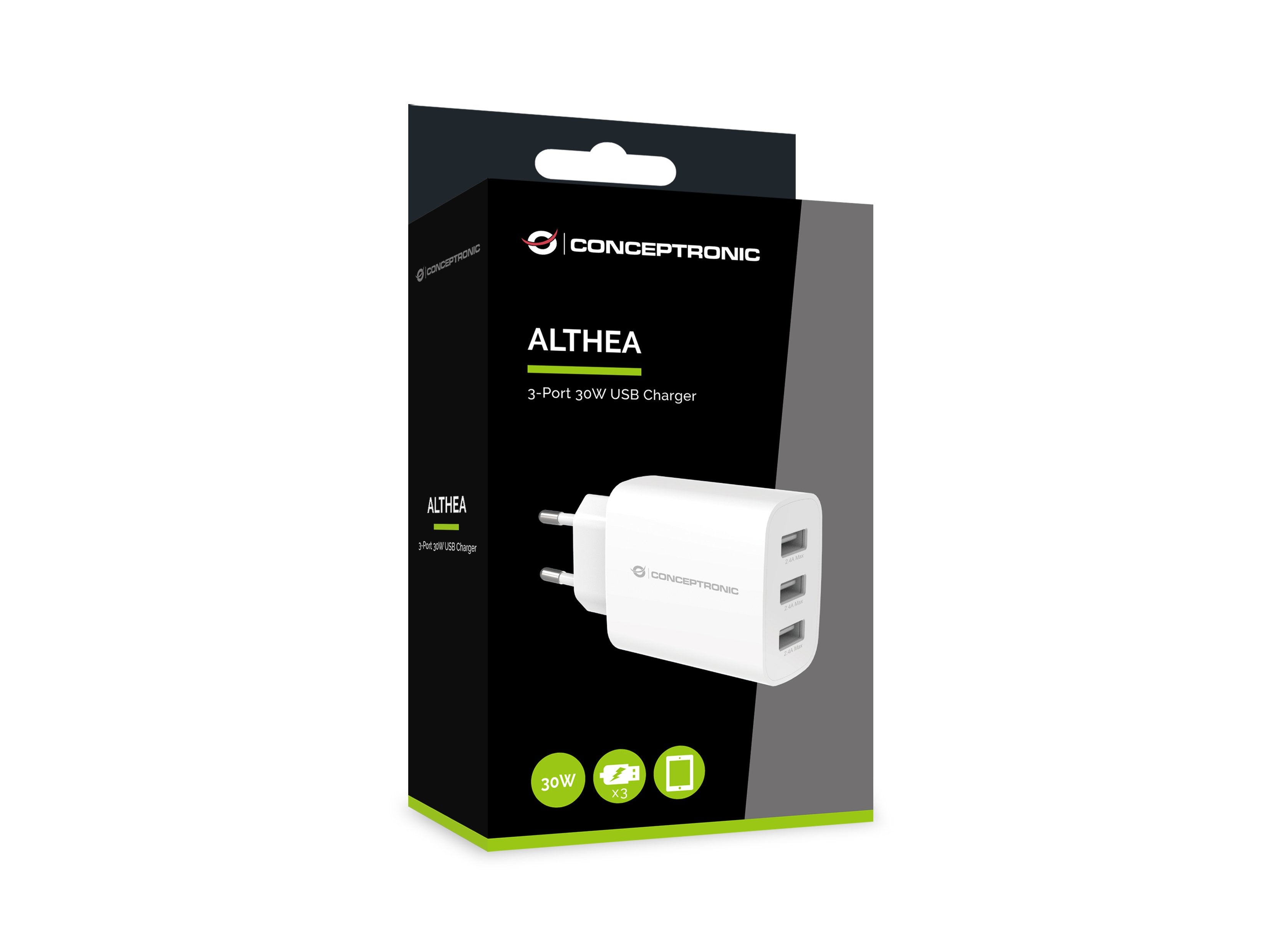 Conceptronic Cargador 3port 30w,Usb-A Blanco