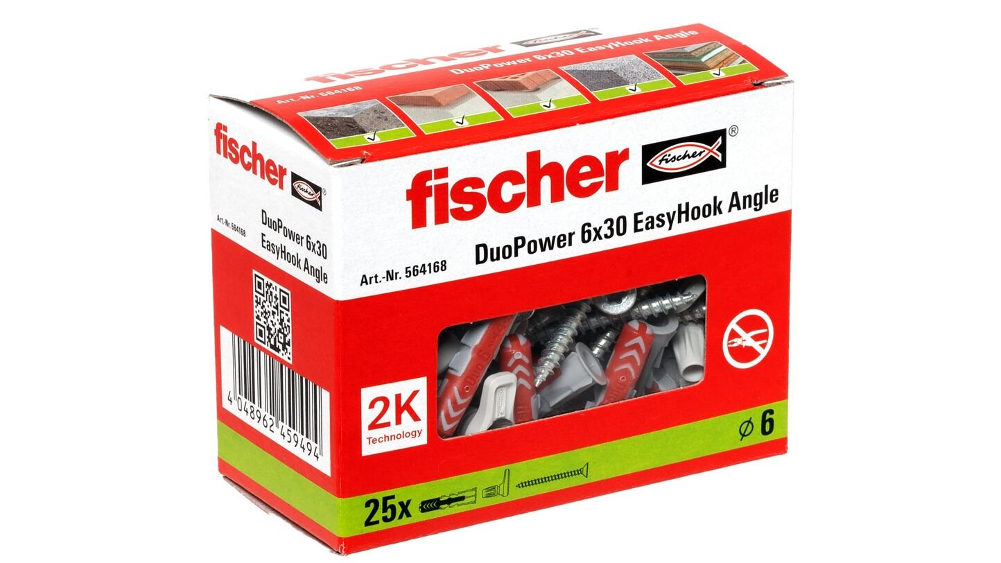 Tacos Fischer Easyhook Angle Duopower 6x30 Blancos, 25 Piezas, Con Gancho Angular Easyhook