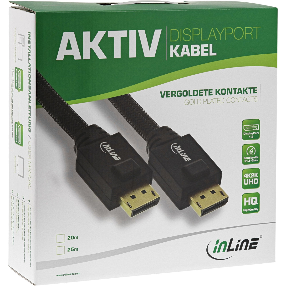 Cable Activo Inline Displayport, Negro, Contactos Dorados, 15 M