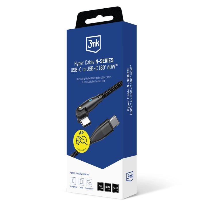 Cable 3mk Hyper N-Series C To C 2m Pd 3.0 20v 3a 60w Negro - Swivel
