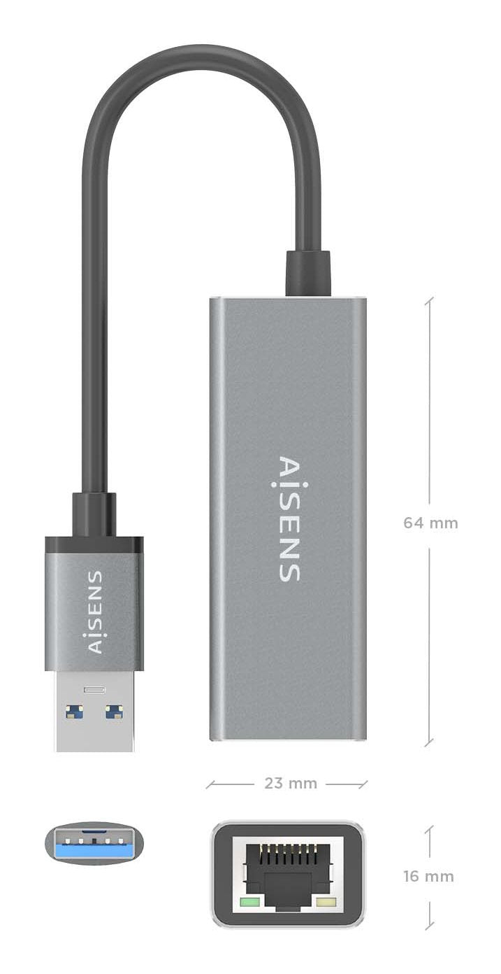 Aisens Conversor Usb 3.0 A Ethernet Gigabit 10/100/1000 Mbps, Gris, 15cm