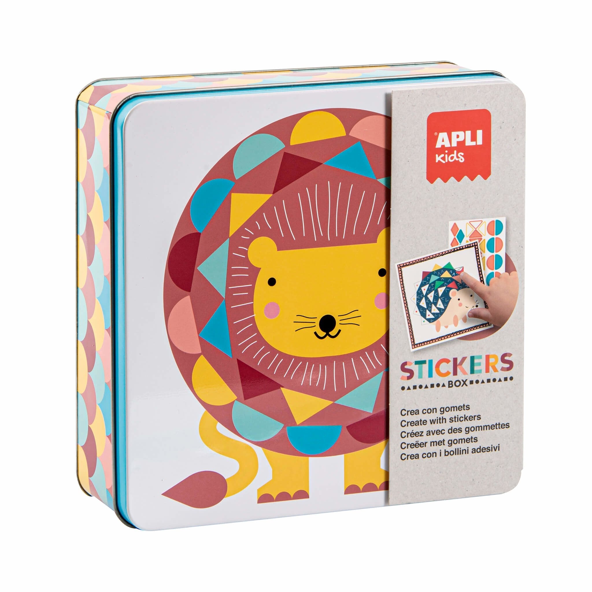 Apli Juegos De Gomets Leon - Incluye 16 Laminas Y 14 Hojas De Gomets Removibles - Estimula La Psicomotricidad Fina Y El Pensamiento Matematico - Caja Metalica Exclusiva Apli Kids - Colorido Diseño Leon