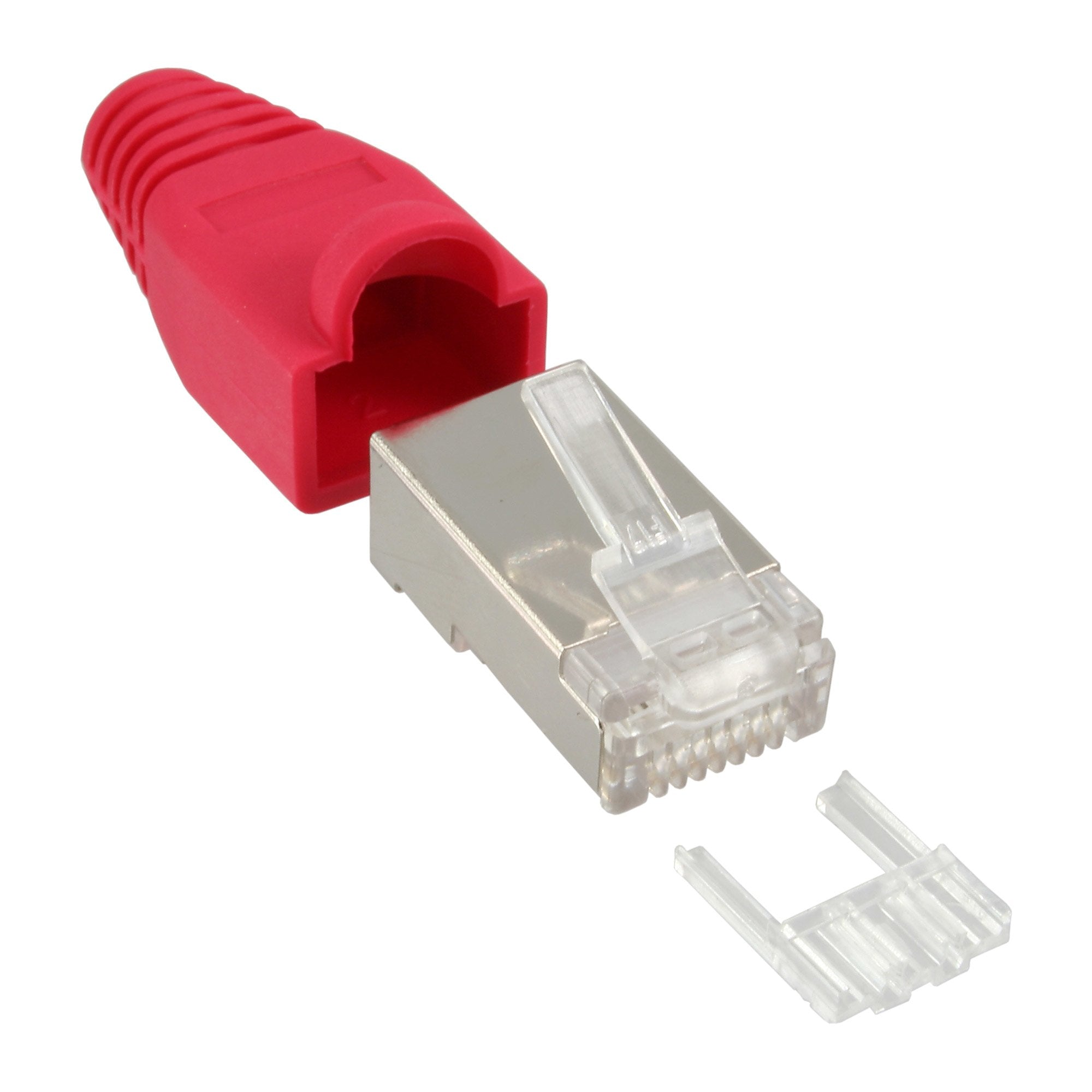 Conector De Crimpado Inline Rj45 Blindado Con Protección Contra Dobleces + Enhebrador Rojo 10 Uds.