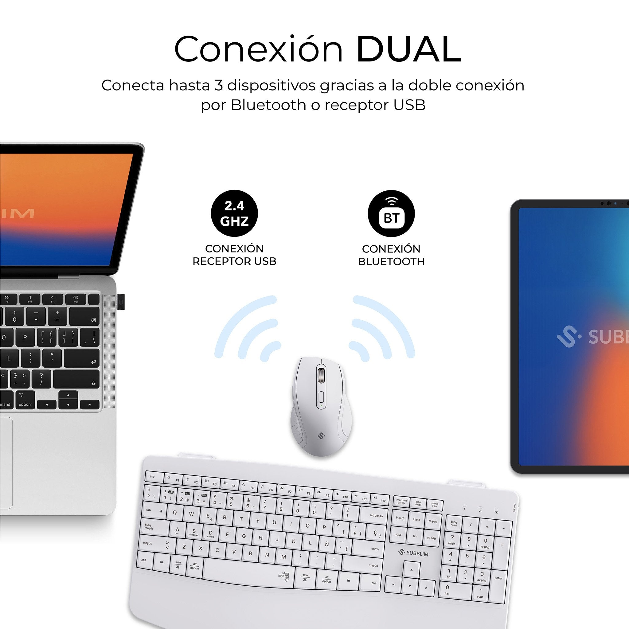 EAN 8436586743437 - SUBBLIM SUBKBC-DCOPW1 teclado Ratón incluido Hogar / Oficina RF Wireless + Bluetooth QWERTY Español Blanc imagen 2