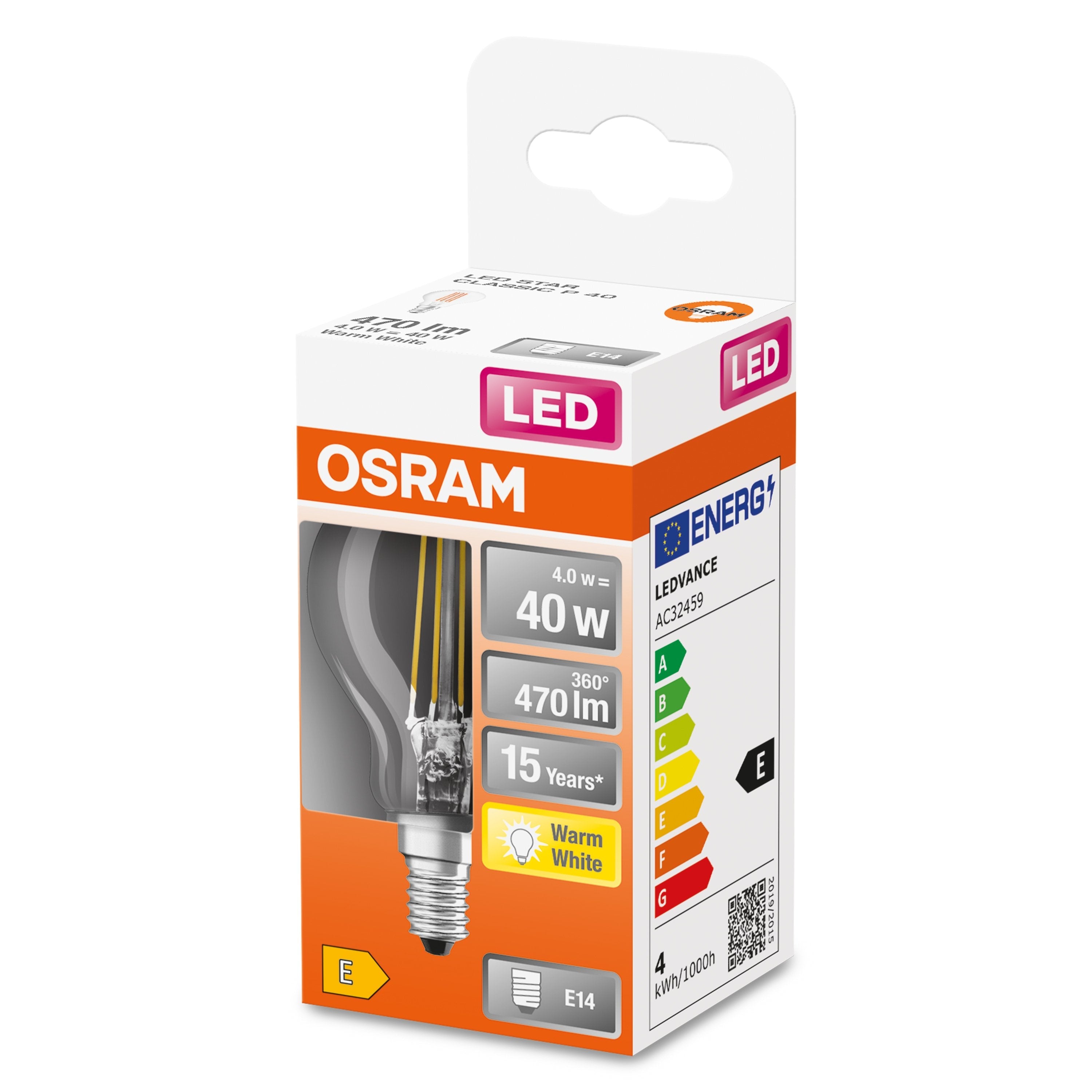 Bombilla Led Osram Filamento Esférico Transparente - 4 W = 40 W - E14 - Blanco Cálido